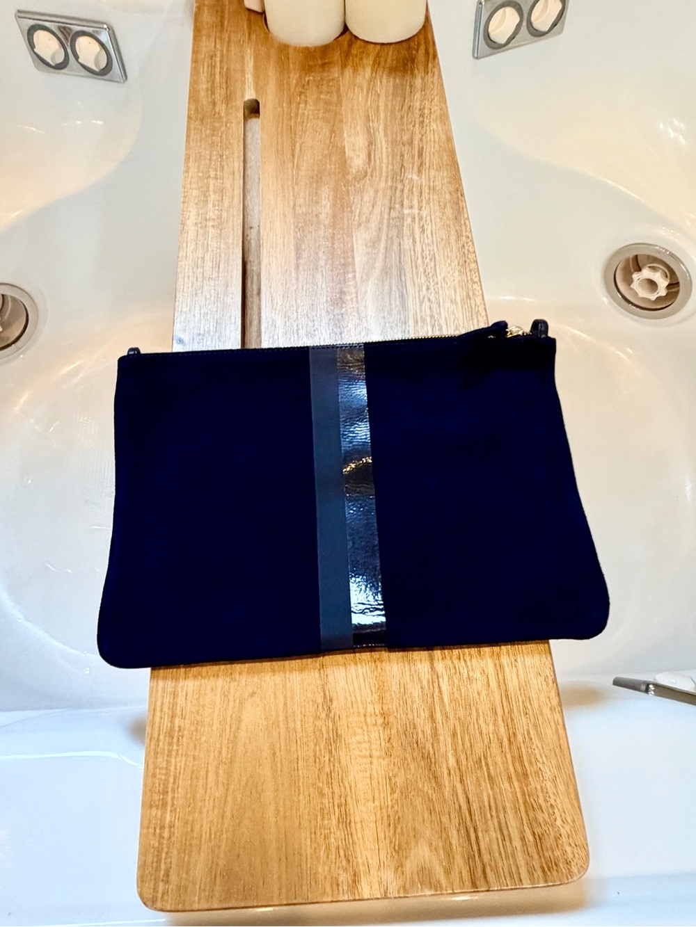 Clare V Flat Clutch w/ Tabs - Navy Suede w/ Stripes NWT $245